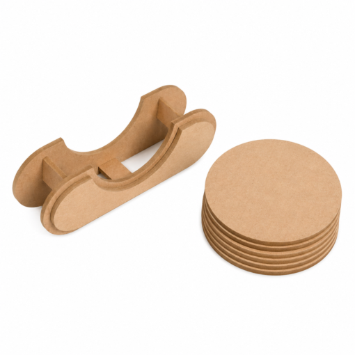 Houten onderzetter set met houder en 6 ronde onderzetters van 10 cm gemaakt van 3 mm berken multiplex voor epoxy en dotting art