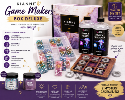 Kianne Game Makers Box Deluxe – complete DIY epoxy spelletjes bundel met 1,9L epoxy, domino mal en boter-kaas-en-eieren mal.