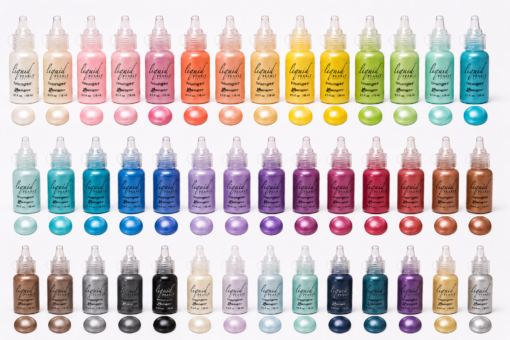 Ranger Liquid Pearls kleurenoverzicht met alle beschikbare parelmoer verfkleuren. Ideaal voor mixed media, dotting art, mandala's, scrapbooking, kaarten maken en epoxy kunst.